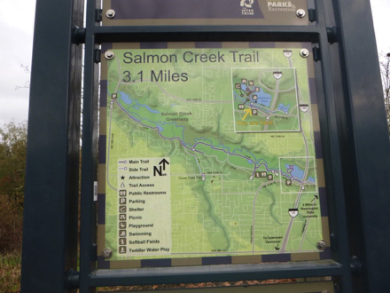 Map of Salmon Creek Greenway Trail – 3.1 miles one way – amenities posted on sign